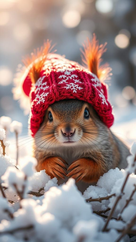 Vibrant Christmas Squirrel in Cable-Knit Beanie