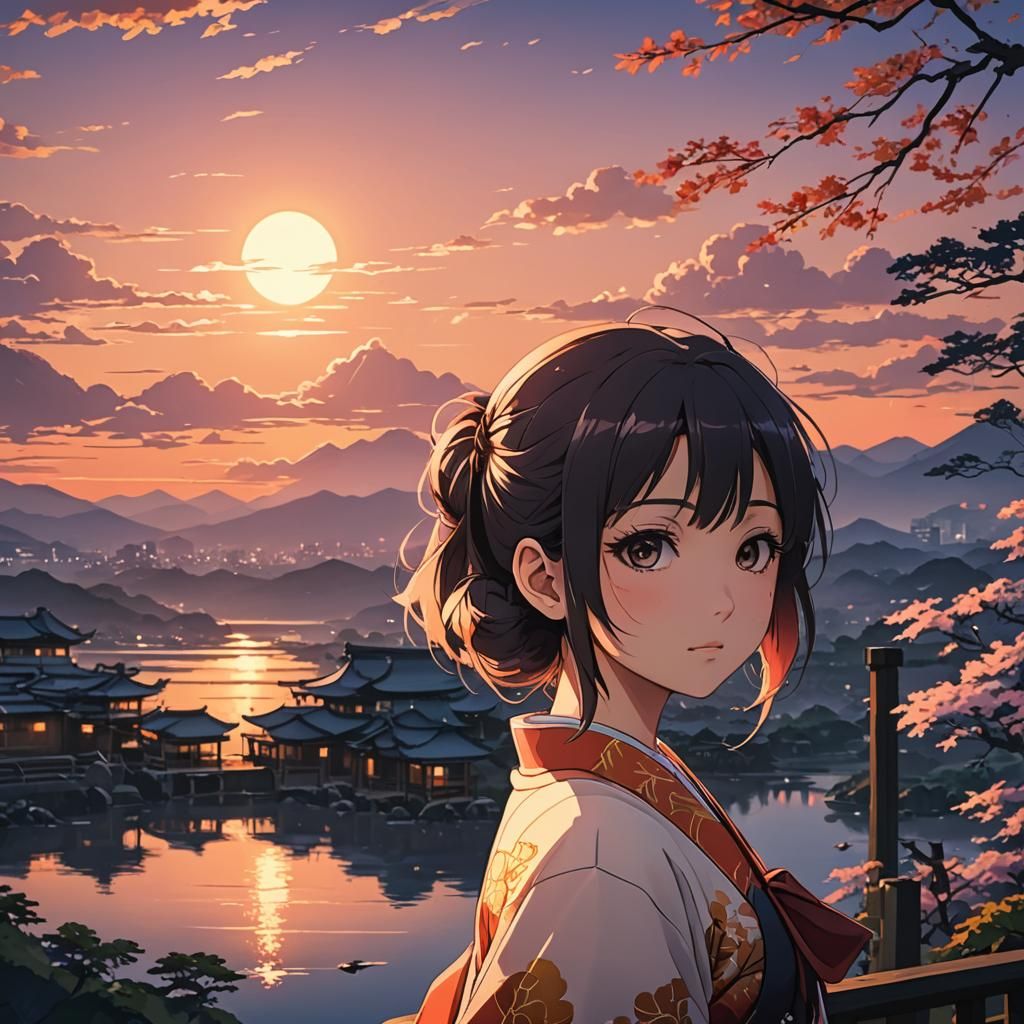 Anime Girl at Sunset in Cel-Shaded Style