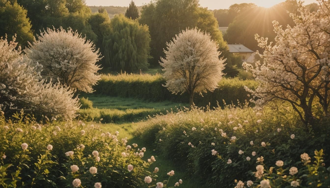 Agricultural Landscape with Flowering Hedges in Golden Hour