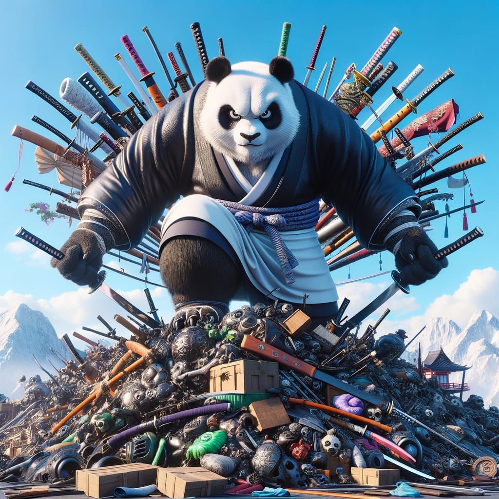 Intimidating Panda in Kimono Over Weapons Pile