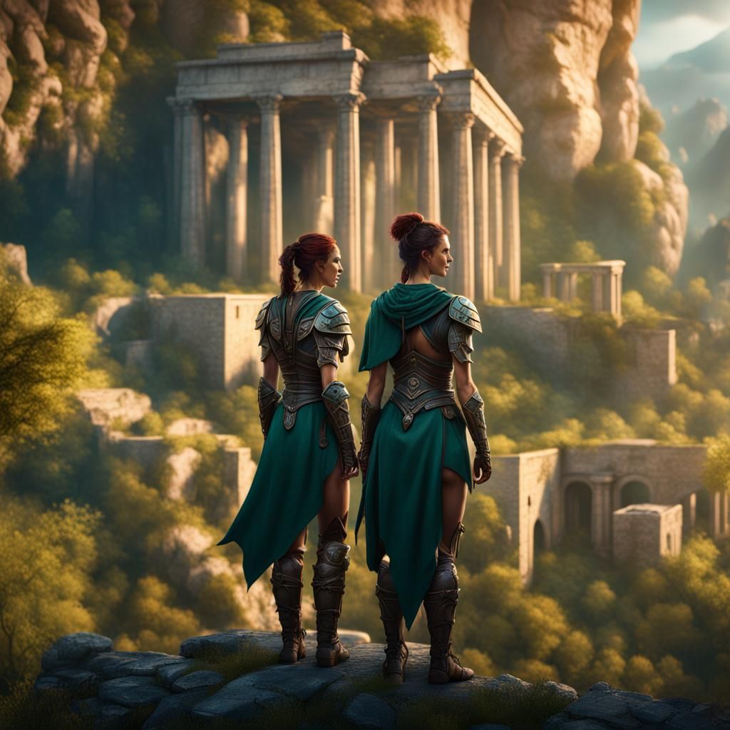 Female Warriors Overlook Verdant Valley in Detailed Painting