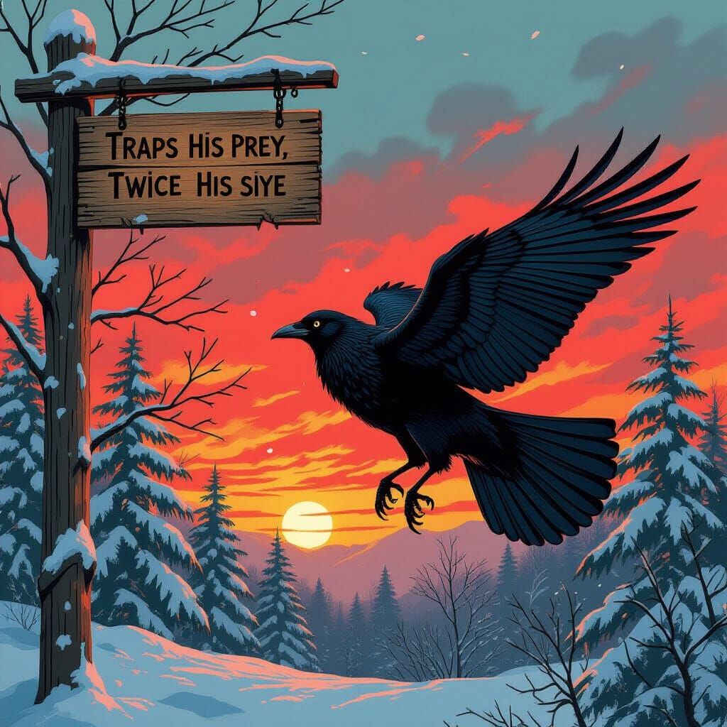 Raven in Tattered Cloak at Winter Sunset