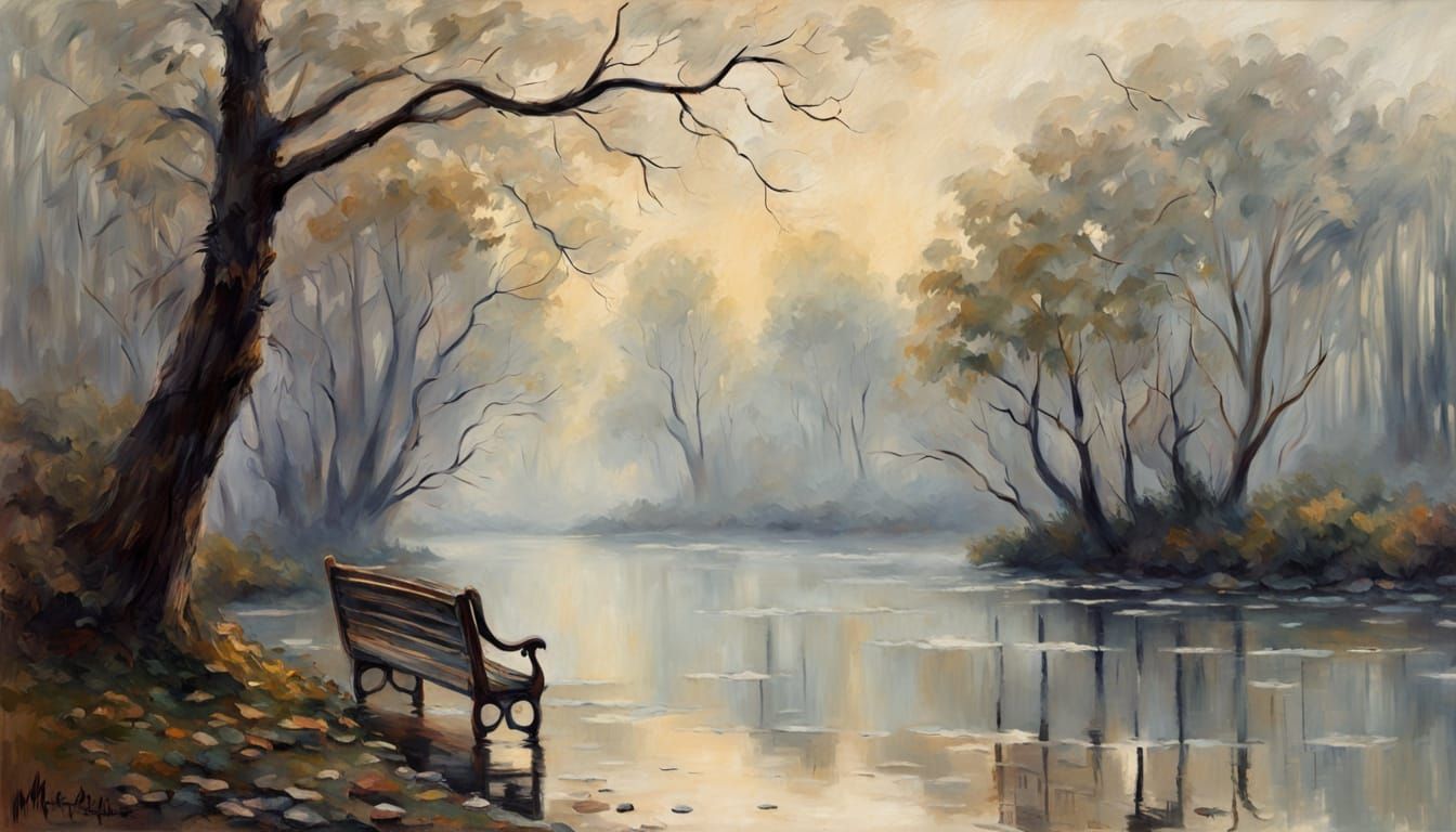 Impressionist Park Bench in Morning Mist