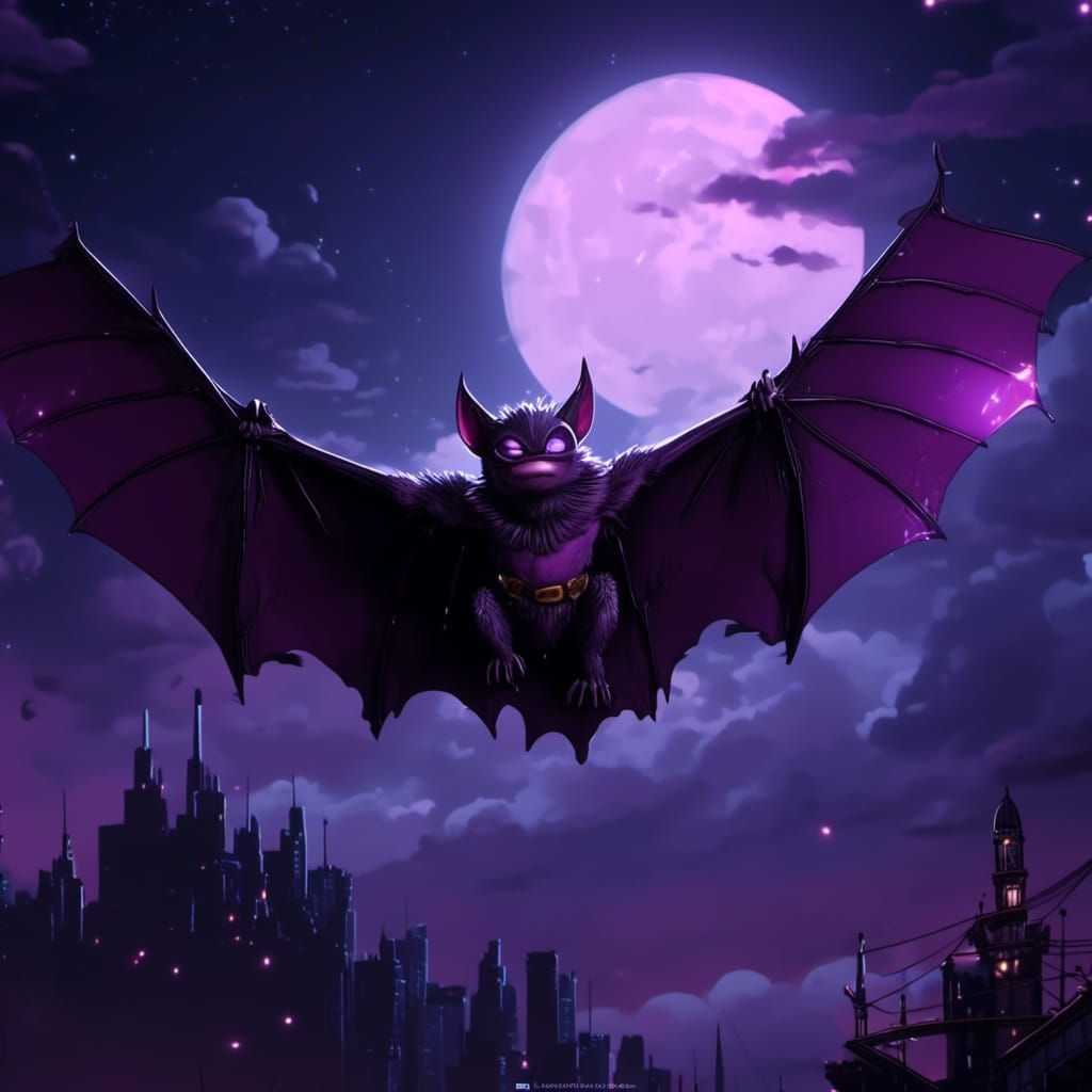 Glowing Bat Soaring in Moonlit Sky: Comic Style