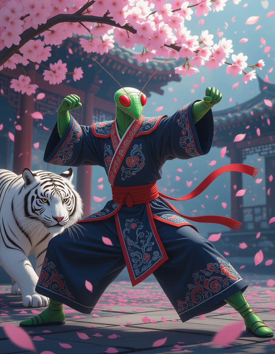 Kung Fu Mantis Punches Amidst Tiger and Blossoms