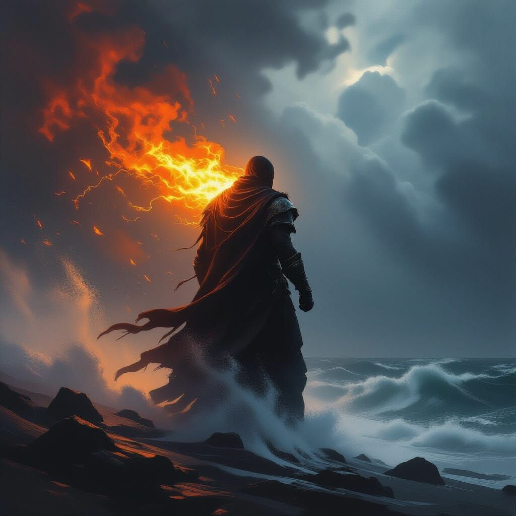Stoic Figure Against Storm, Inner Fire Glows