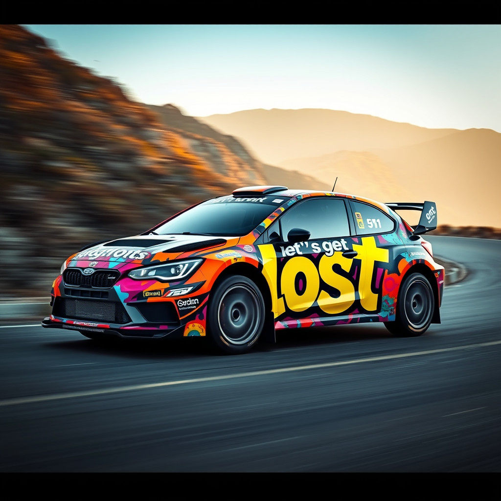 Rally car wrapped in "let's get lost" artwork