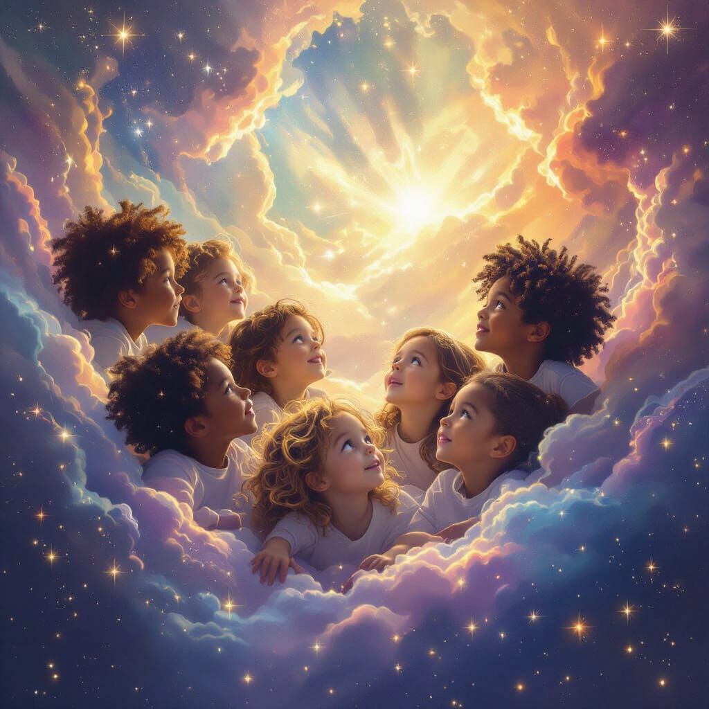 Children Floating in a Cosmic Astral Heaven