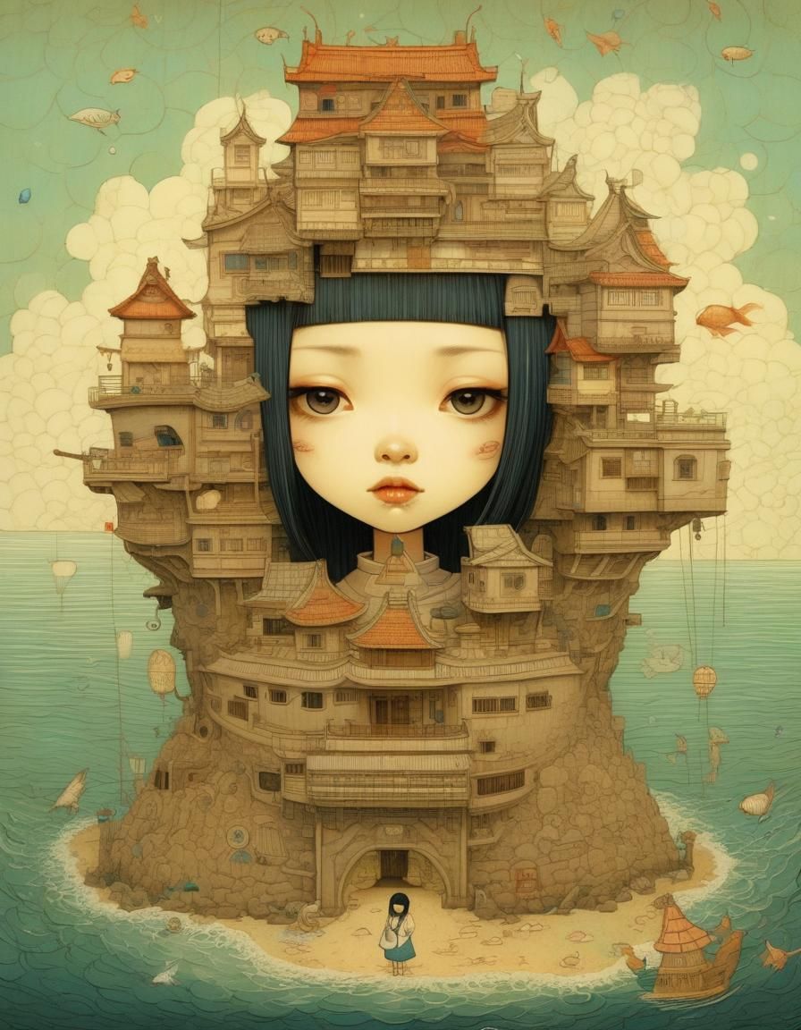 Dreamlike Sandcastle, Whimsical Illustration