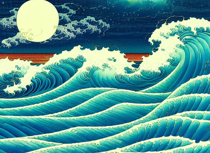 Psychedelic Storm Seascape in Vibrant Blue Colors