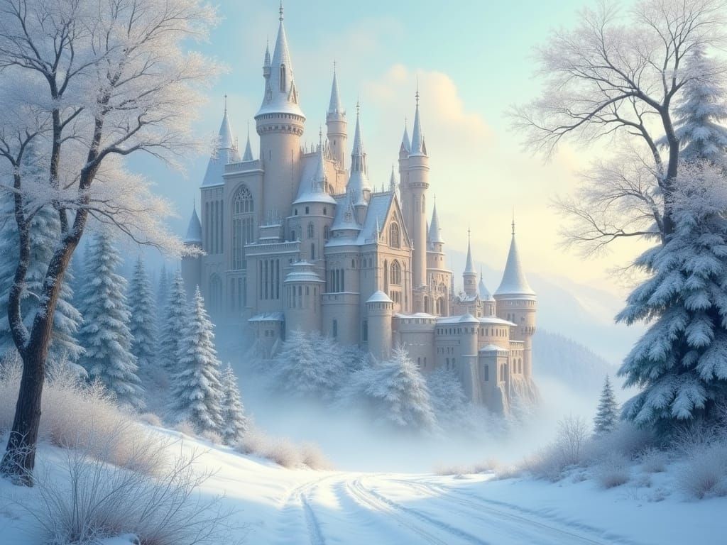 A picturesque castle stands amidst a snowy landscape.