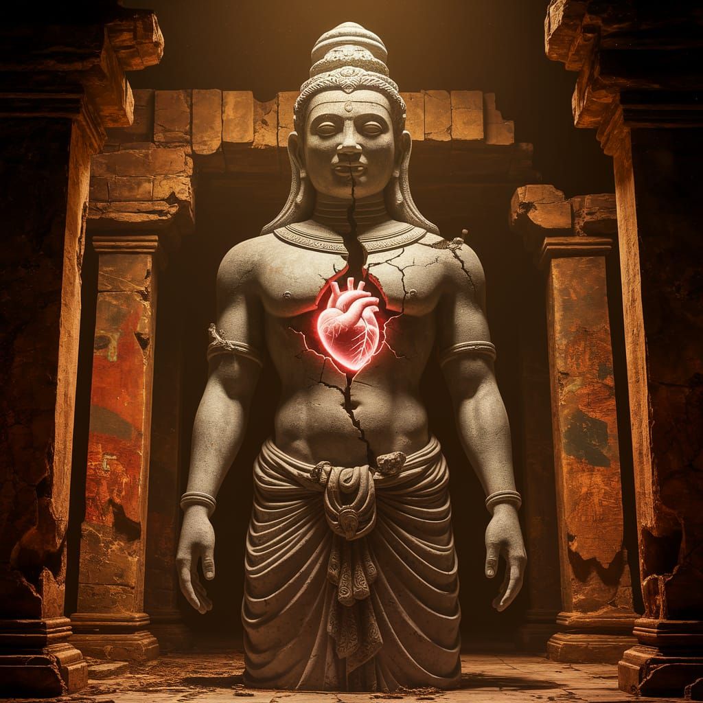 Glowing Heart Statue in Ancient Temple