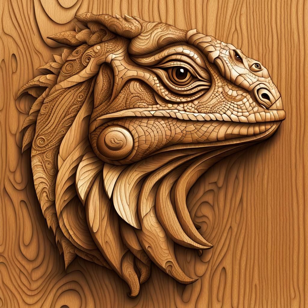 Detailed Wooden Iguana Carving with Zentangle Elements