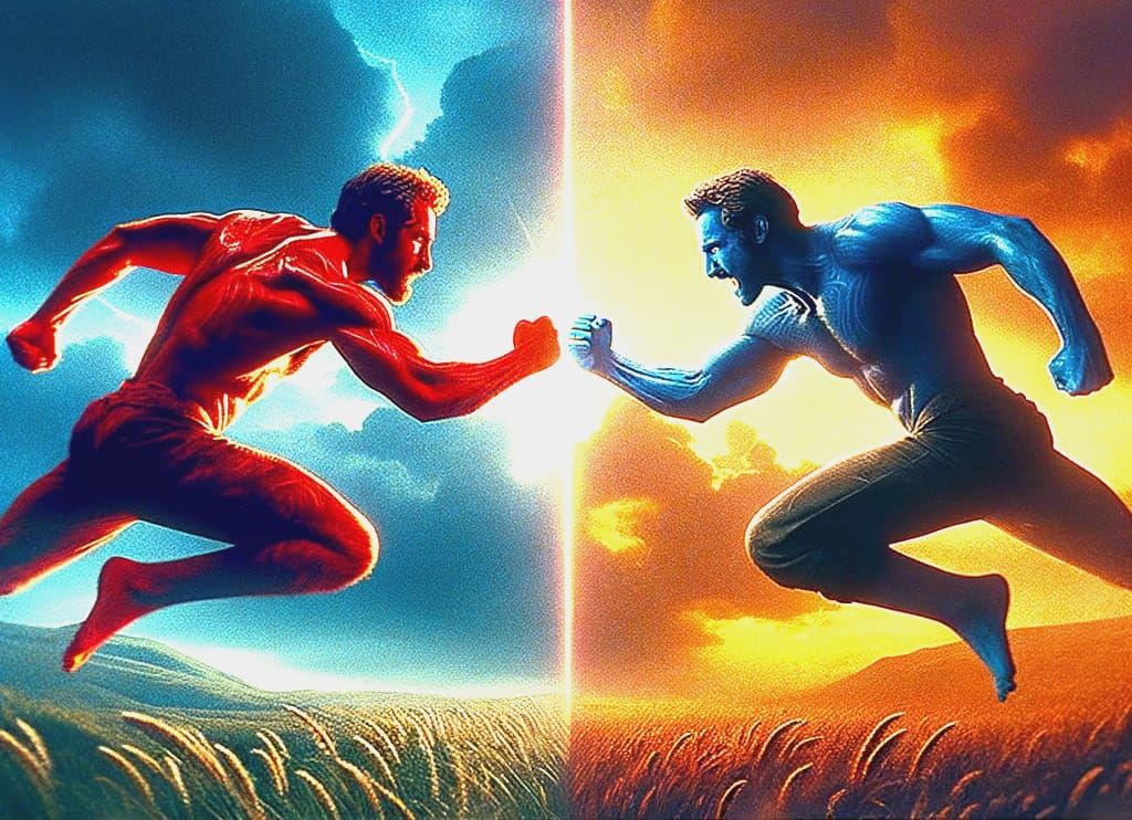 Classic Cinema-Inspired Clash of Red and Blue Warriors