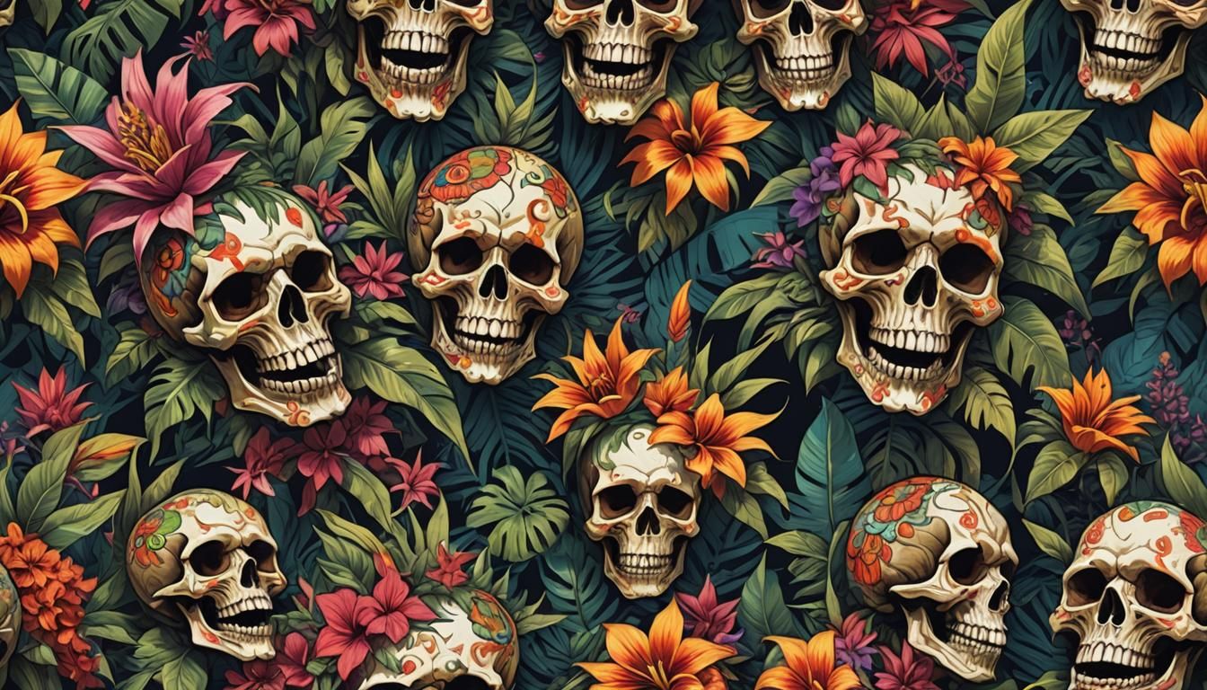 Tropical Flowers and Skulls in Dark Fantasy Style