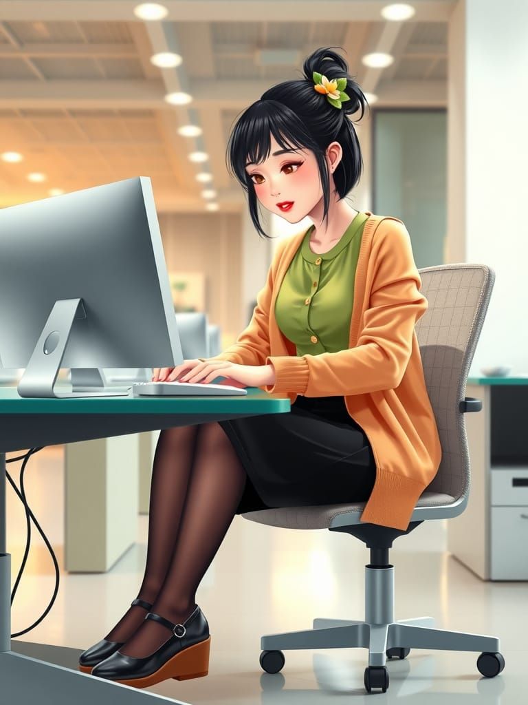 Chinese QA Engineer in Realistic Kawaii Style at Her IT Comp...