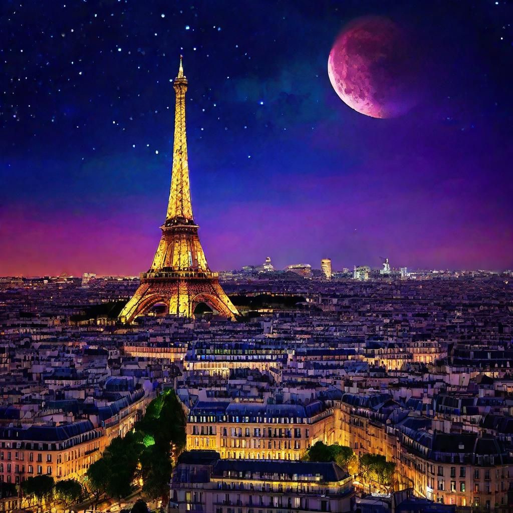 Eiffel Tower and Moon in Expressionist Style