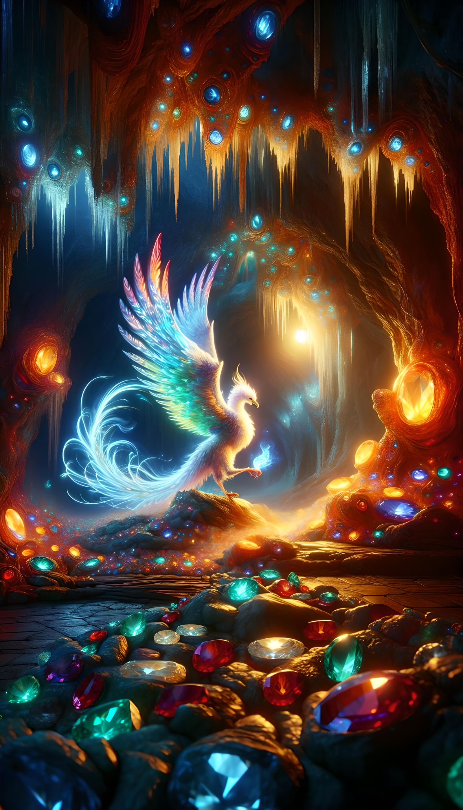 Gemstone Winged Bird in Luminescent Cave