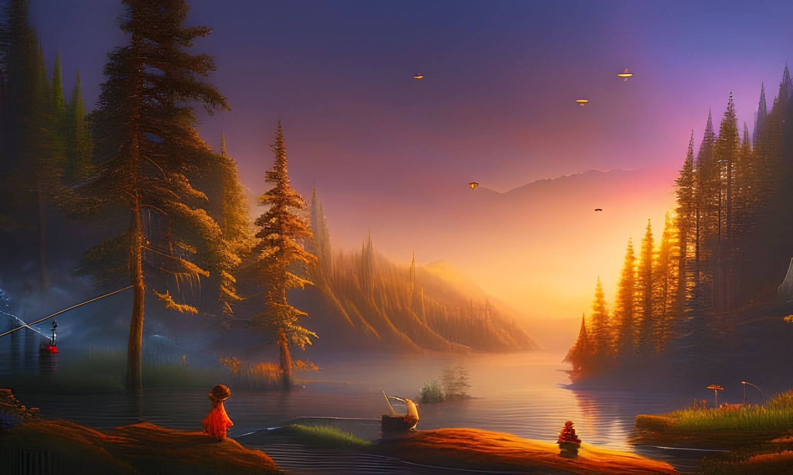 A beautiful fairy family fishing on lake edge, moonlight over the water - 4250