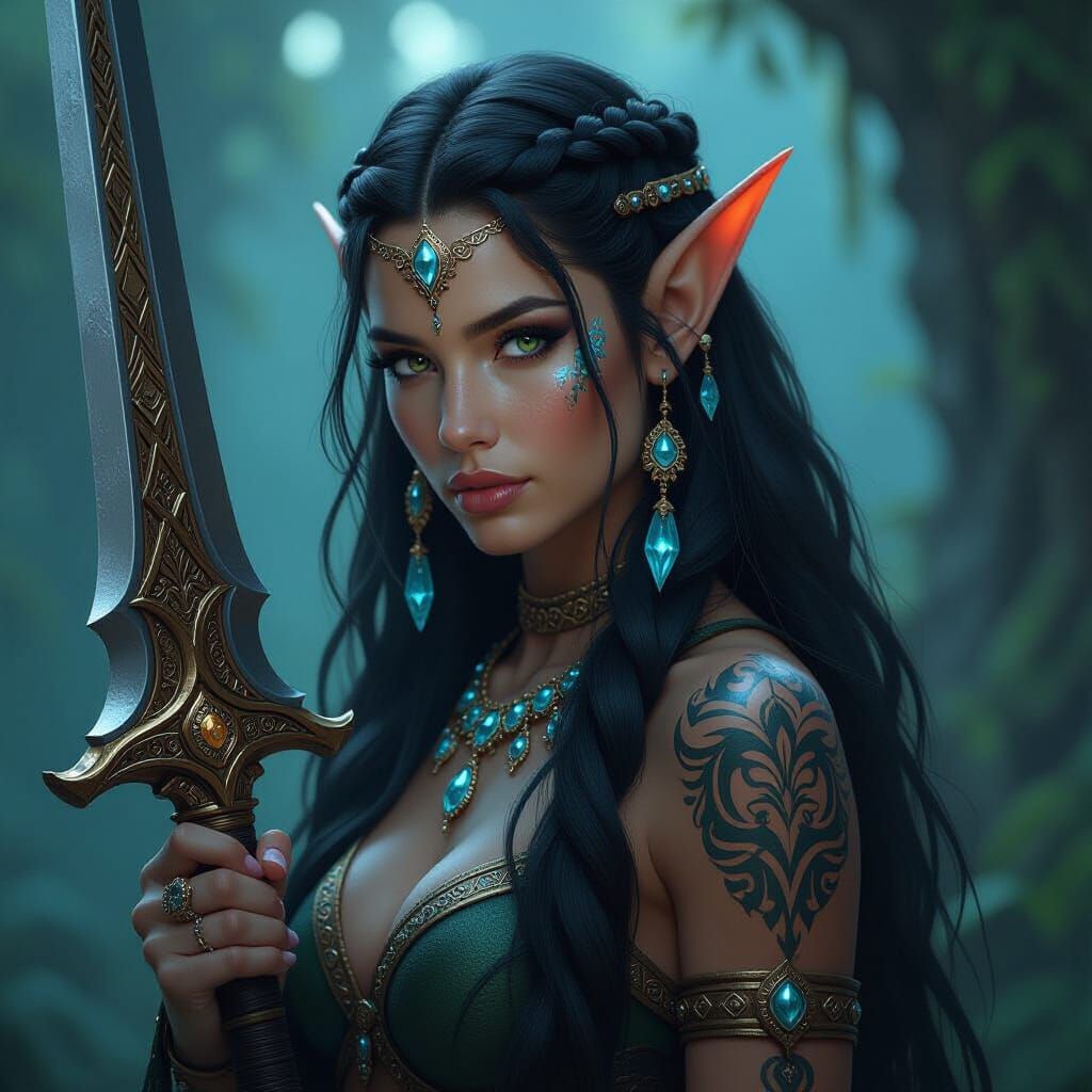 Dark Fantasy Elf Warrior with Glowing Blue Sword