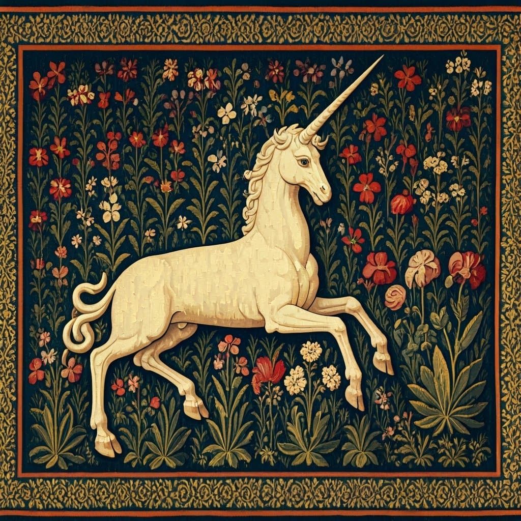 Epic Medieval Tapestry Unicorn in Vibrant Floral Landscape