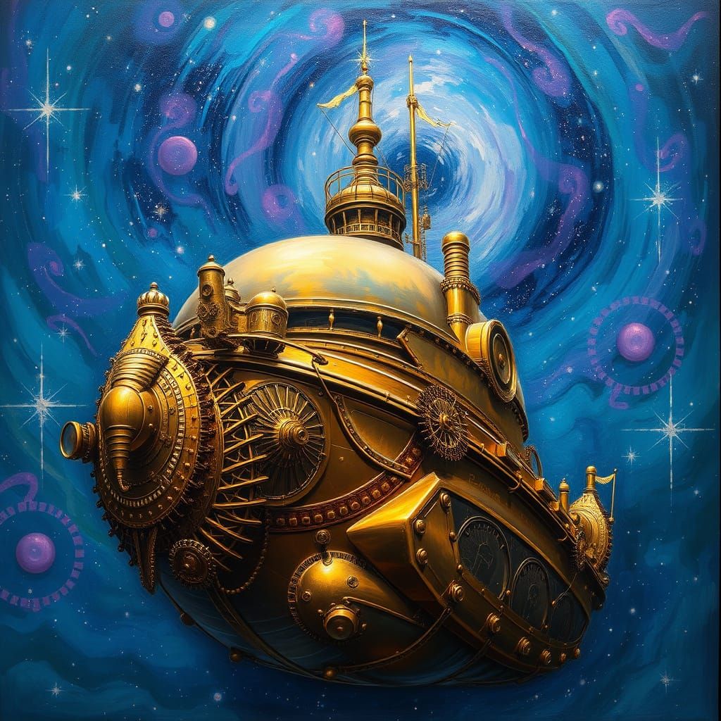 Celestial Brass Vessel Shines in Swirling Cosmic Landscape