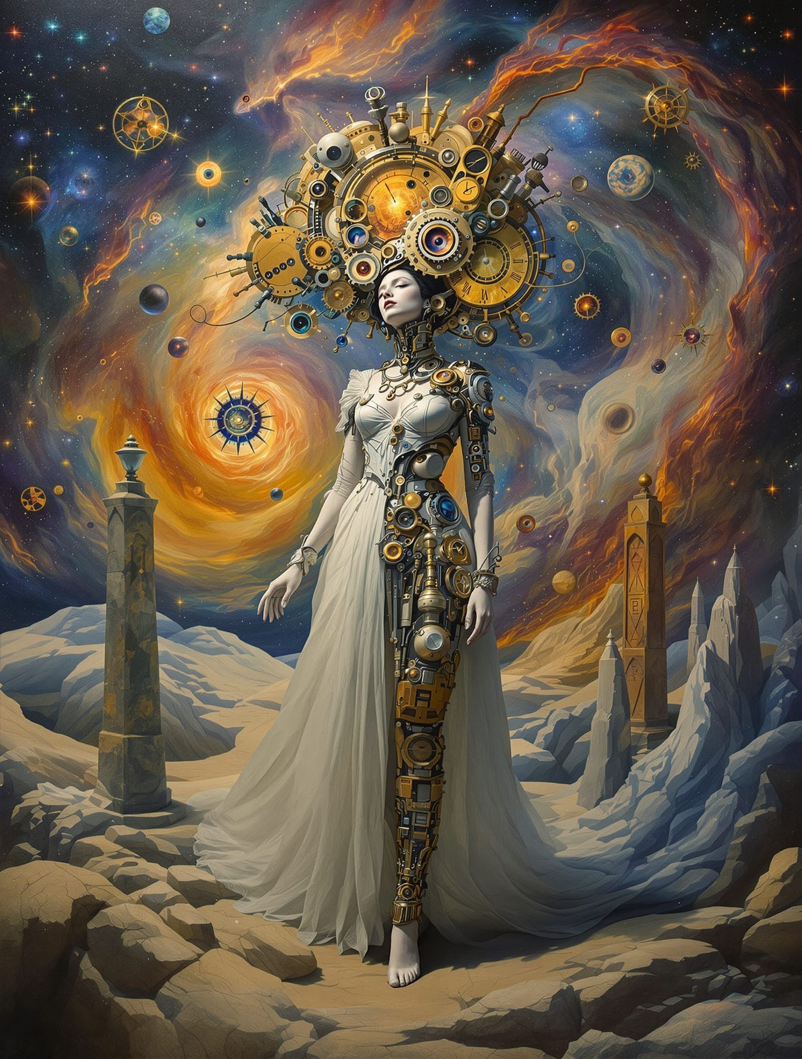 Surreal Figure Bridging Past and Future in Dali-esque Landsc...