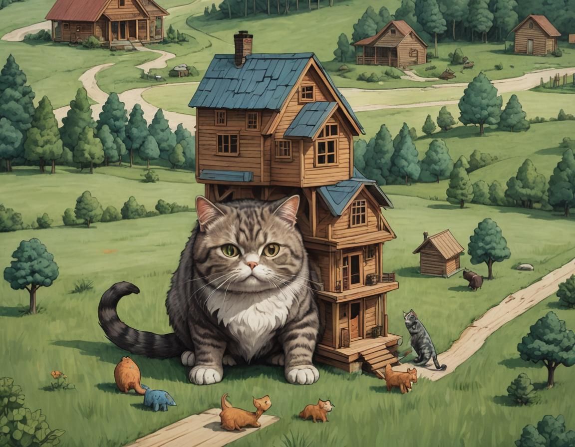 Giant Kaiju Cat Plays With Tiny House