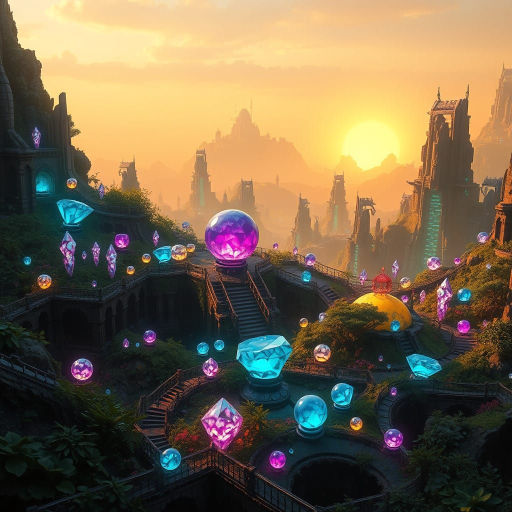 Surreal Fantastical Realm with Glowing Gems and Emerald Fore...