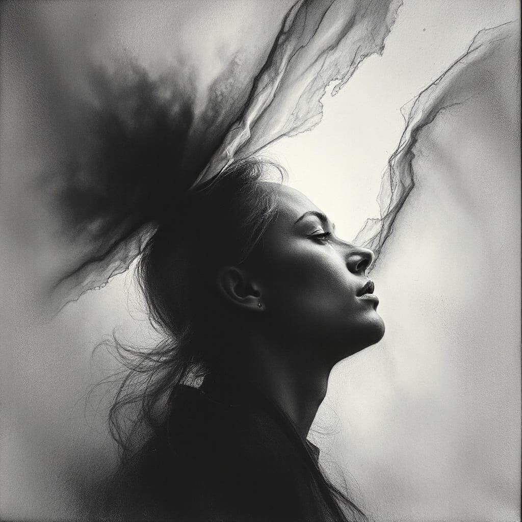 Woman in Thought, Charcoal Rendering in Dark Surrealism