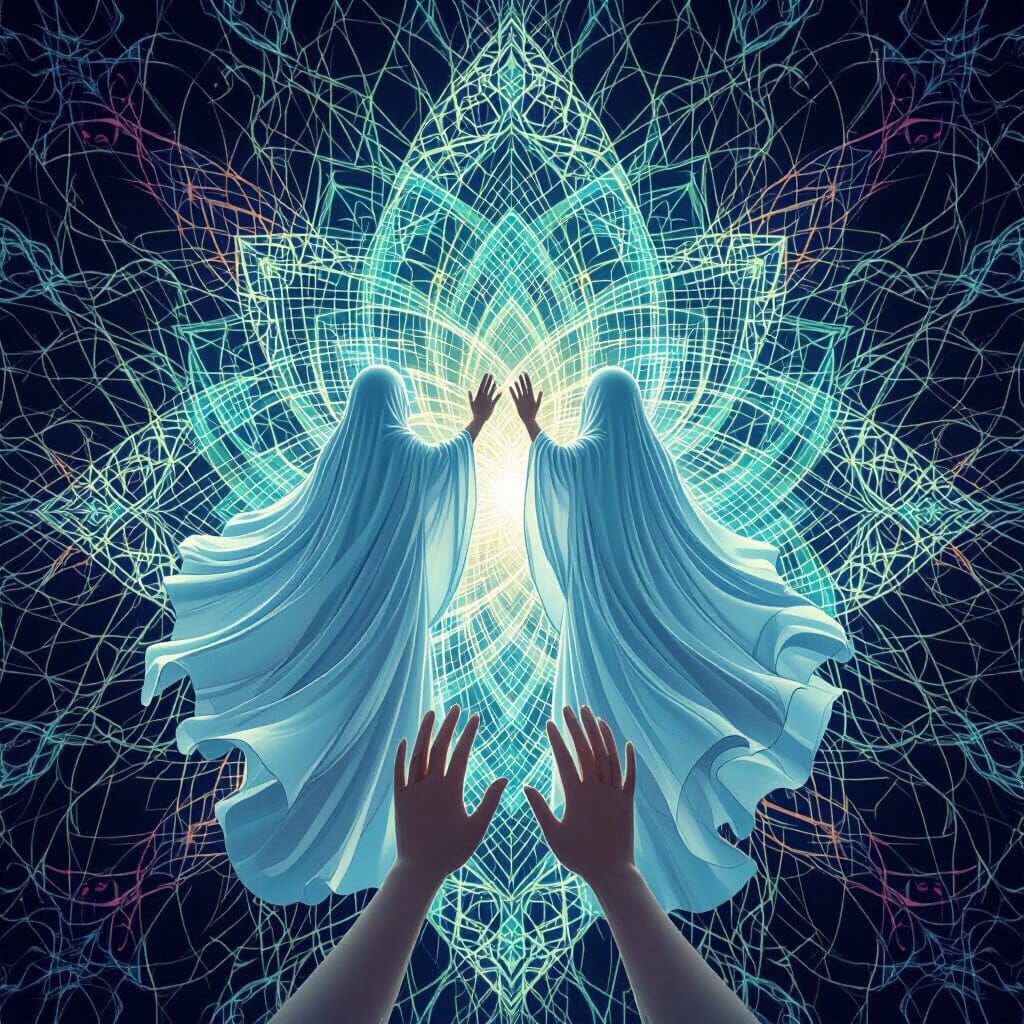 Ethereal Ghosts Ascending on Electric Fractal Background