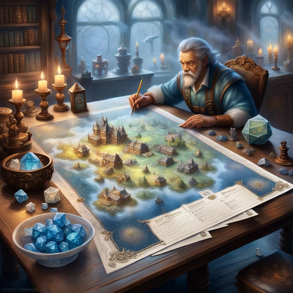 D&D Character Sheet with Dice and Miniatures