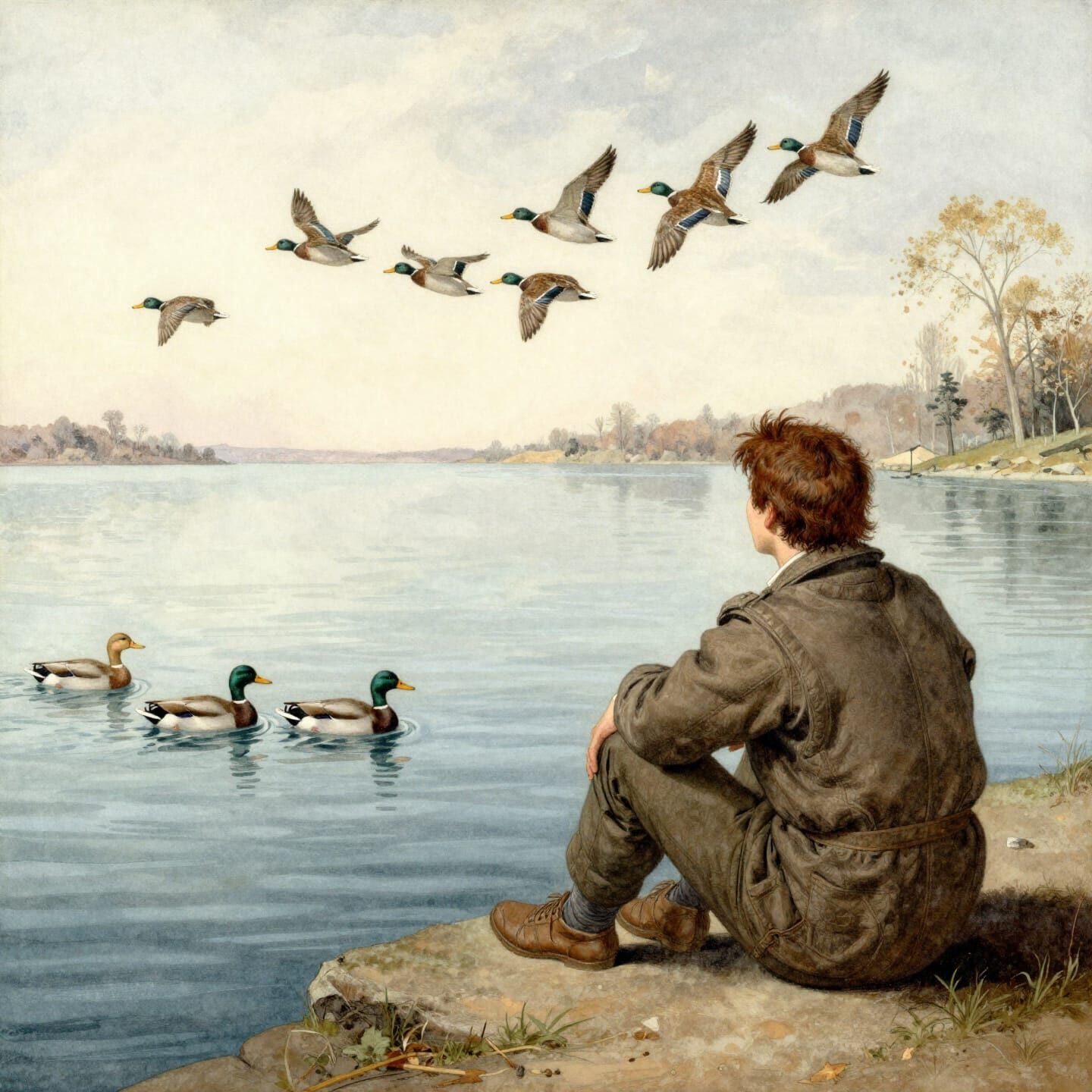 Man Watches Ducks Fly Away in Watercolor Style