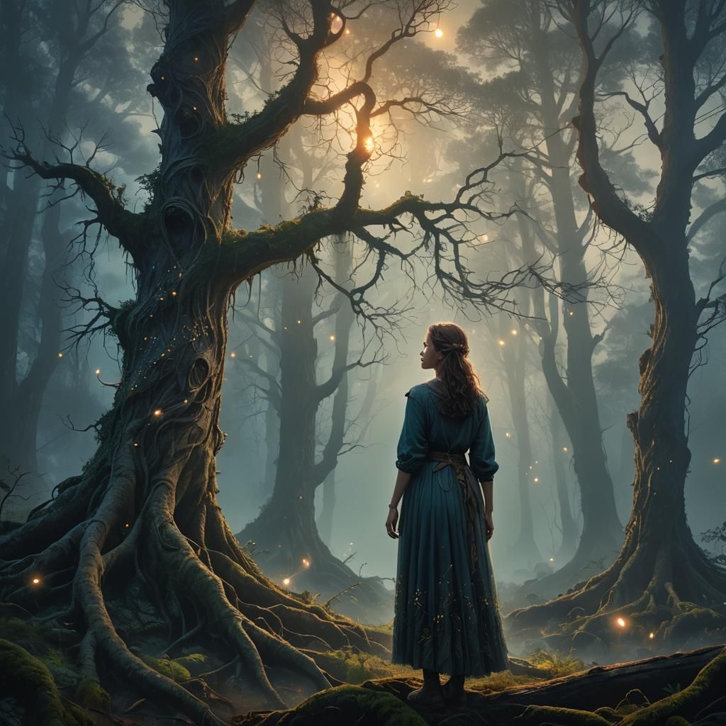 Mystical Evergreen Landscape with Serene Woman