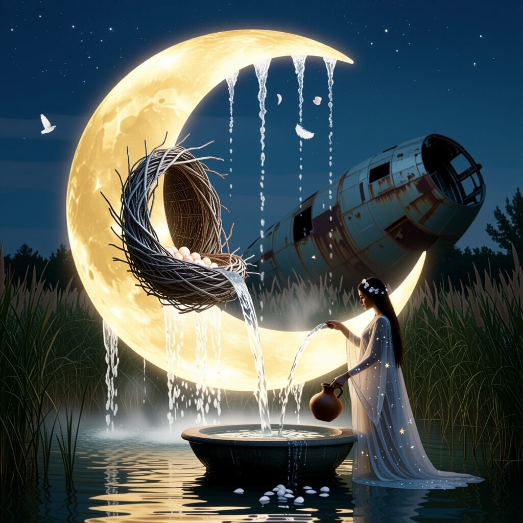 Woman drawing water from enchanted crescent moon fountain