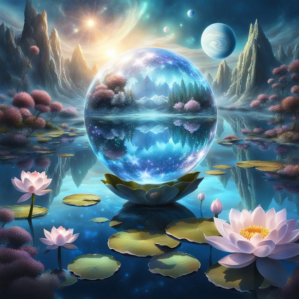 Fantastic Lake with Crystal Sphere in Digital Painting