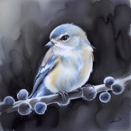 Intricate Blue Ink Drawing of a Songbird