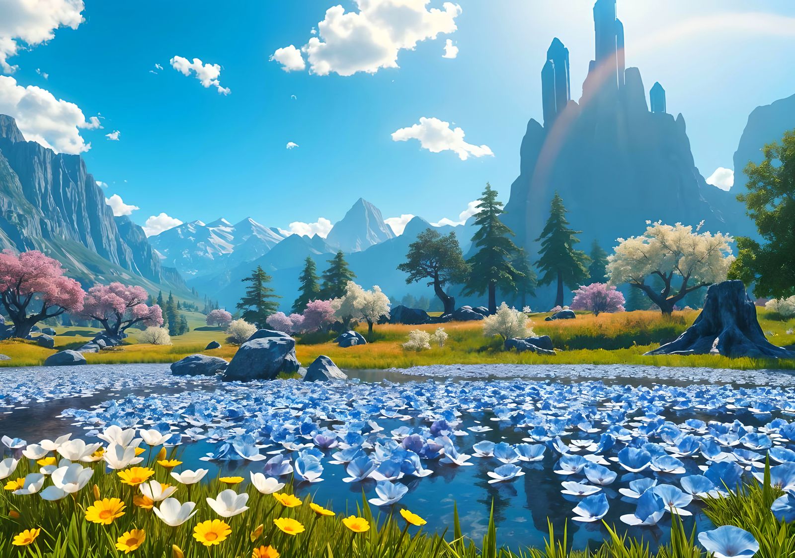 Fantasy Landscape with Floating Flowers in Golden Light