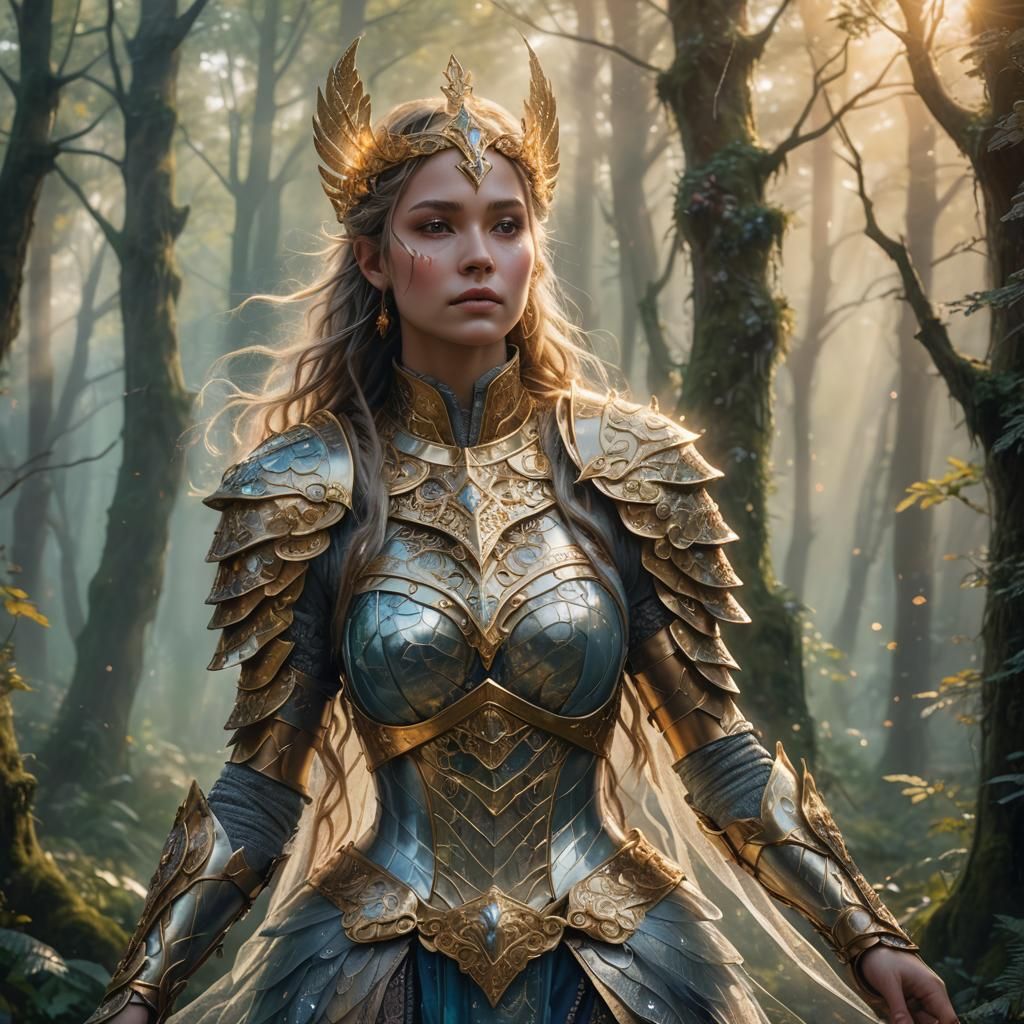 War Goddess in Misty Forest: Ethereal Fantasy Art