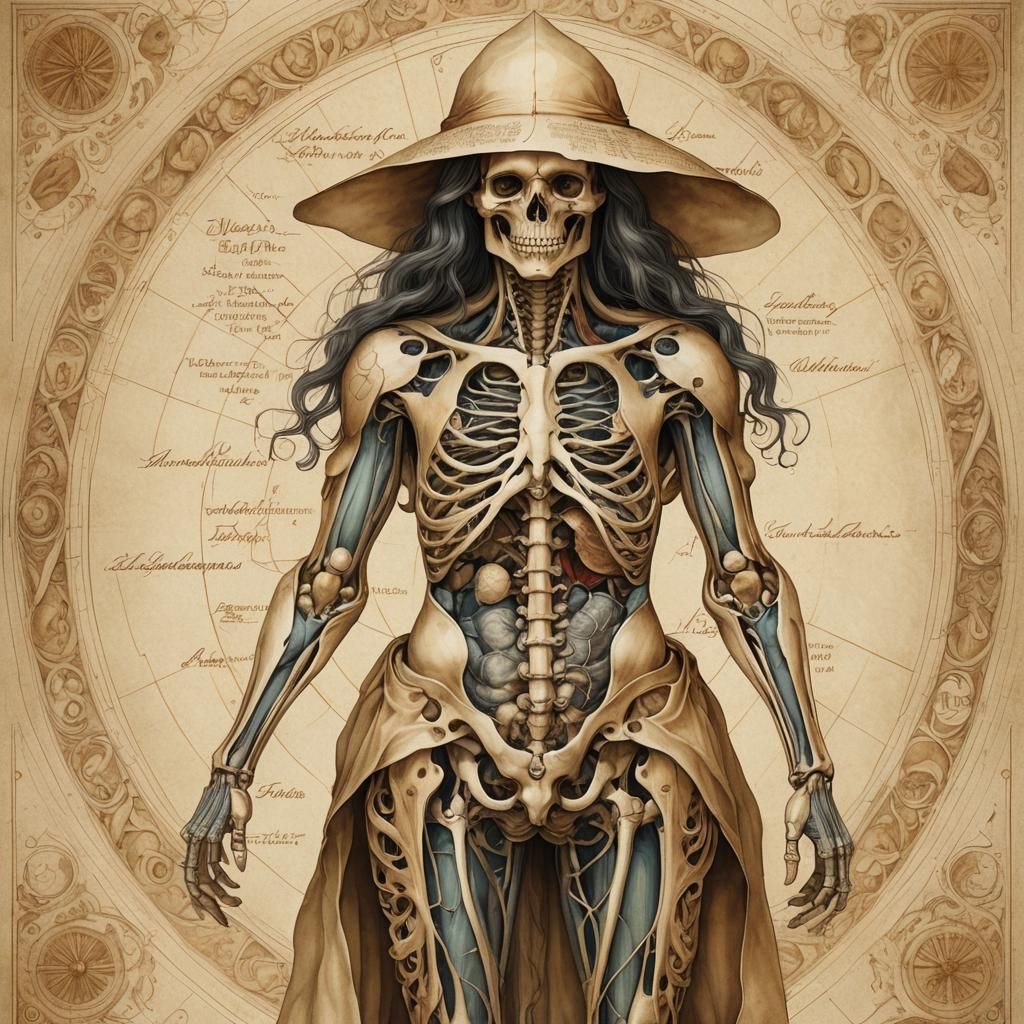 Renaissance Anatomical Witch Illustration in Da Vinci Style