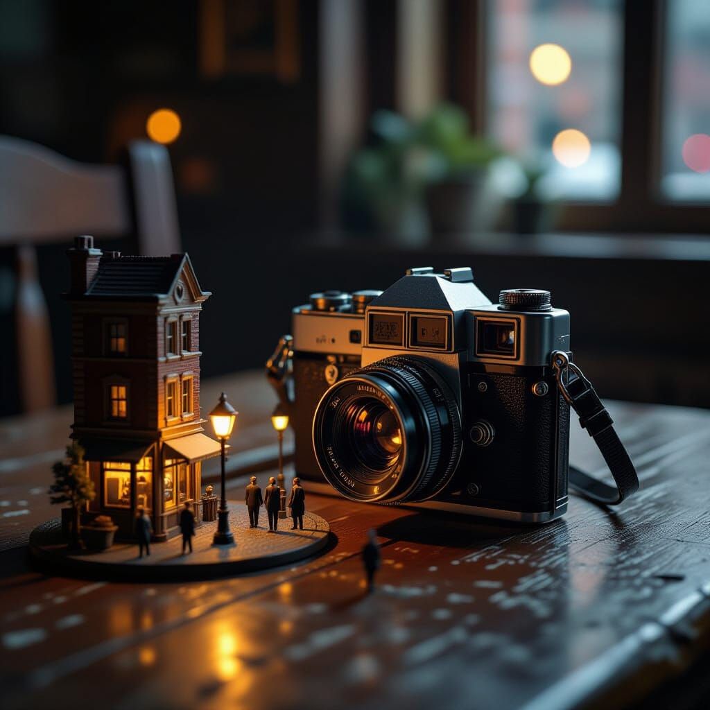 Antique Camera Reflecting Nostalgic Cityscape