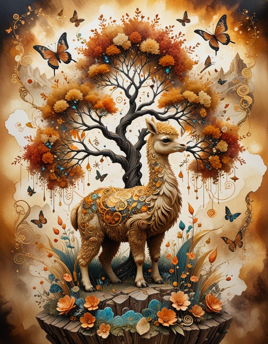 Alpaca and Duckling in Surreal Pencil Tree Landscape