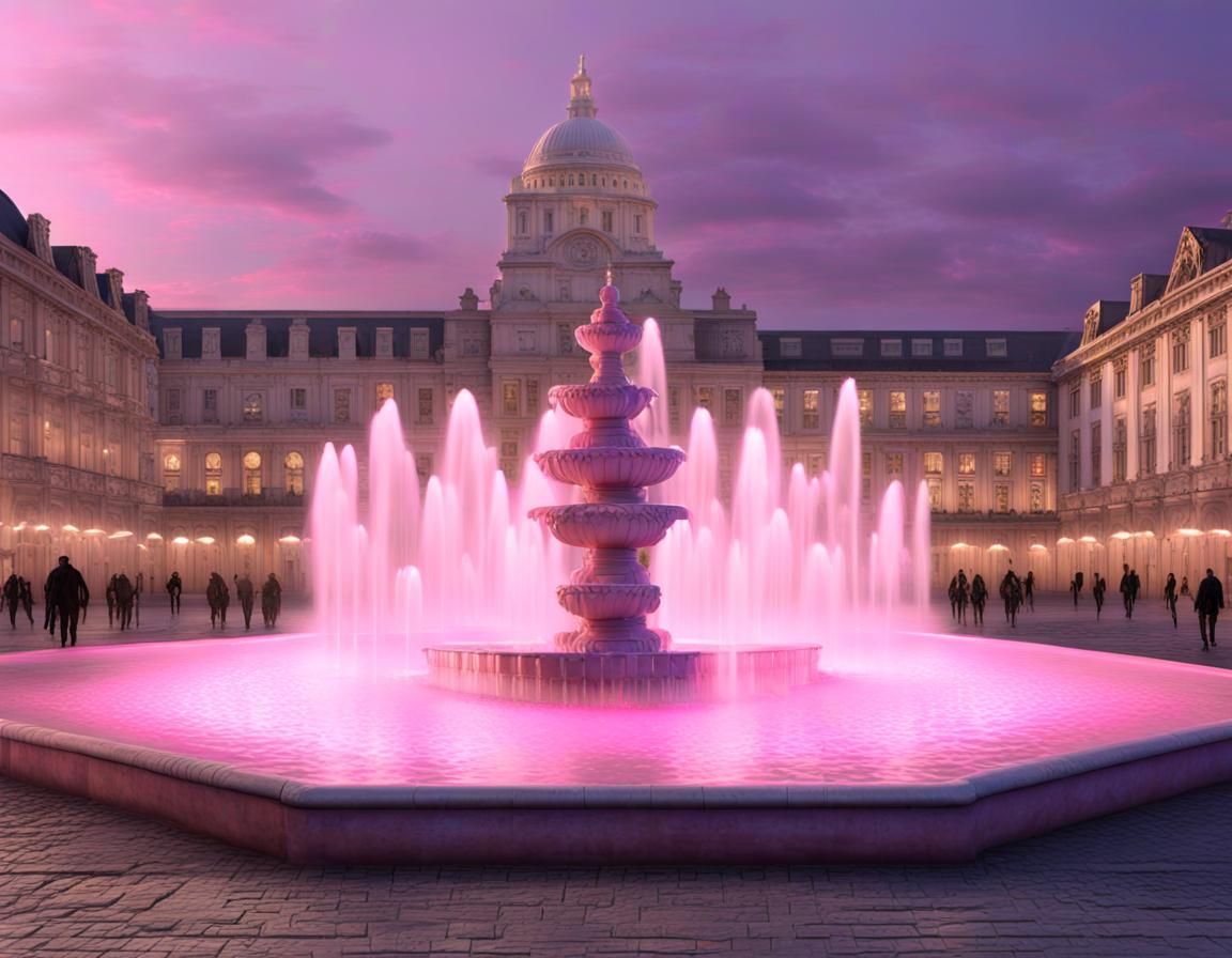 fountain in a city square bathed in pastel pink and pastel p...