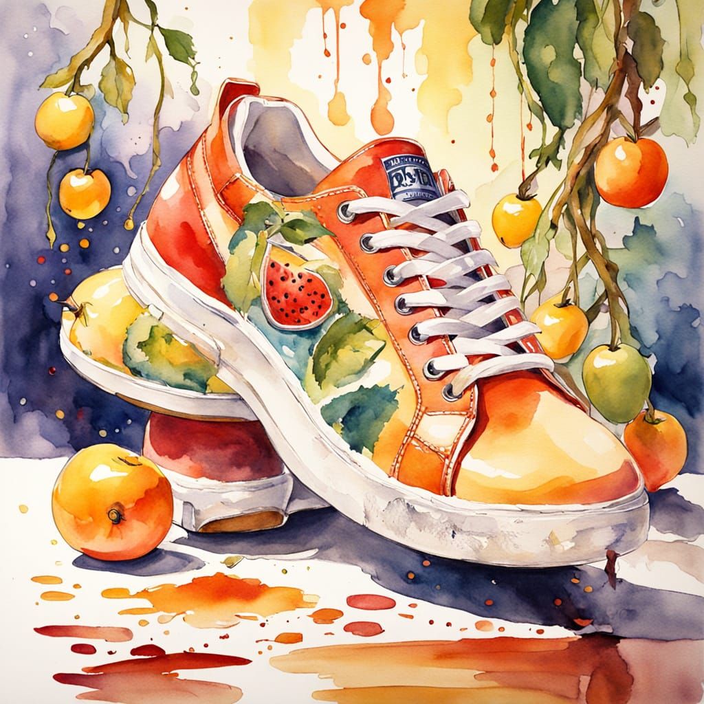 Whimsical Fruit and Shoe Portrait in Watercolor Style