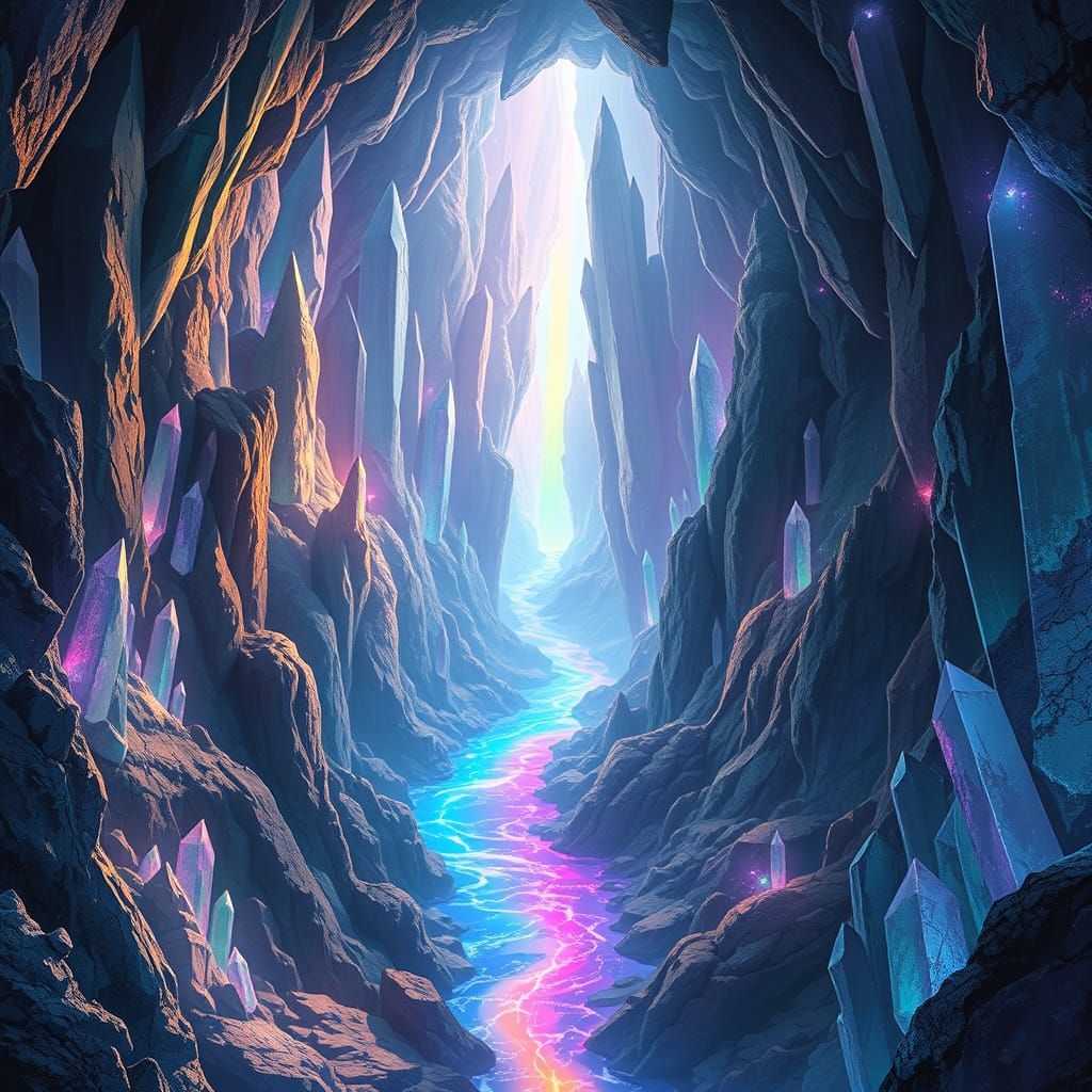 Giant Crystal Cave with Rainbow River, Dreamlike Glow