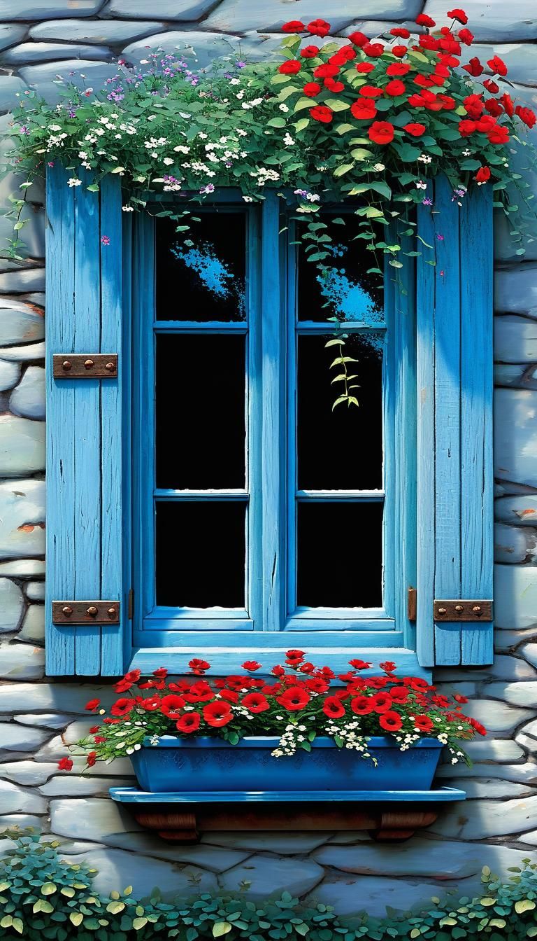 Rustic Window with Flowers in Kinkade Style
