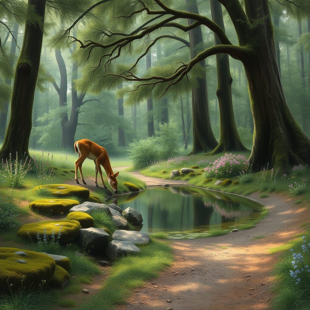 Dreamy Forest Pond Scene with Deer, Impressionistic Style