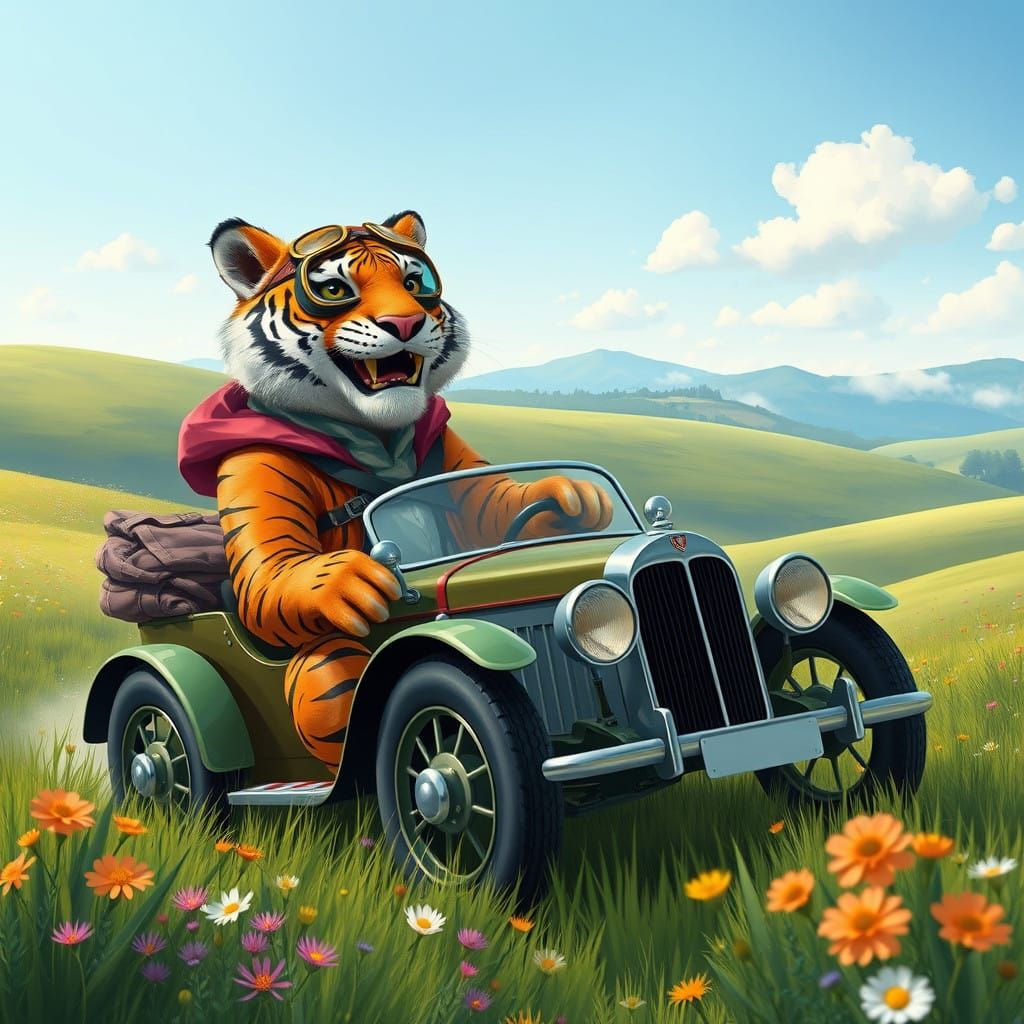 Dreamy Tiger Speeds Through Verdant Fields