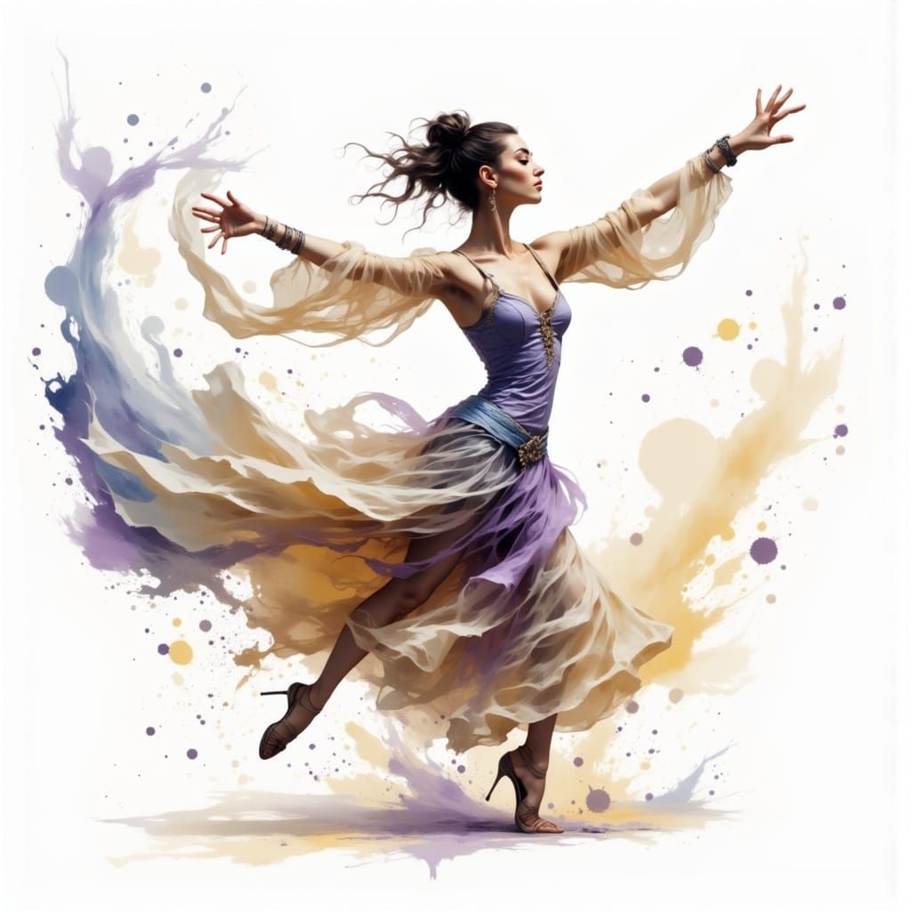 Ballerina in Flowing Robe Captures Movement in Soft Tones