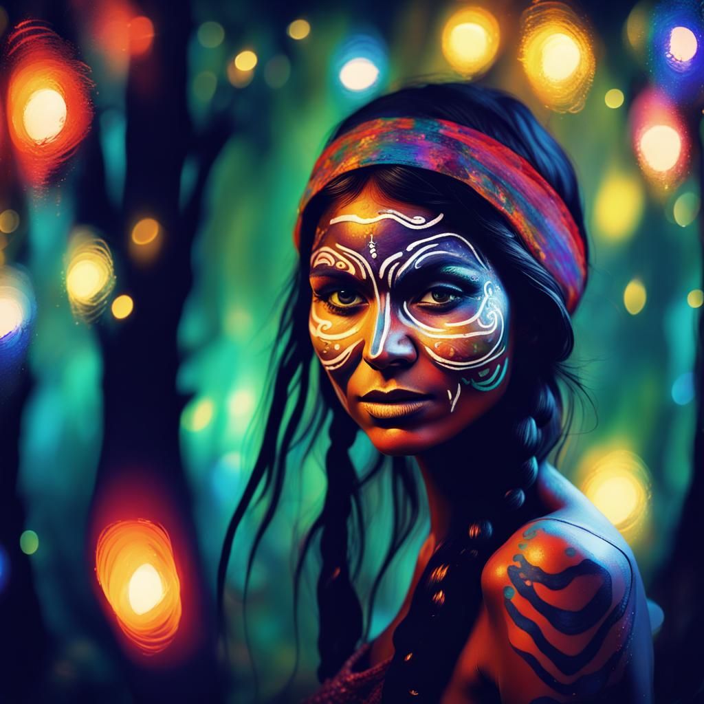 Tribal Woman in Psychedelic Forest, Fauvism Style